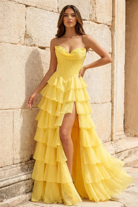 Elegant Strapless A-Line Ruffle Yellow Long Prom Dress With Split