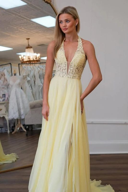 Charming A-Line Halter Sleeveless Lace Bodice Chiffon Floor-Length Prom Dress