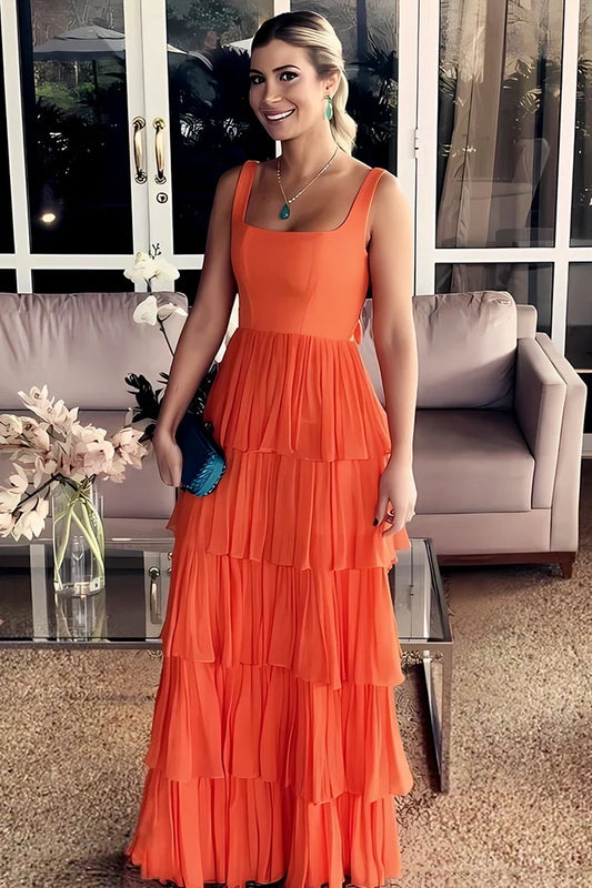 Charming A-Line Square Neck Sleeveless Tiered Ruffle Back Bow Floor-Length Prom Dress
