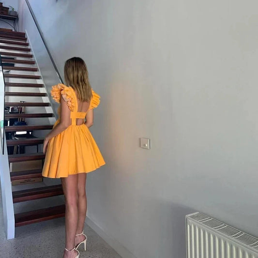 Charming A-Line Square Neck Ruffled Backless Short Homecoming Party Dress