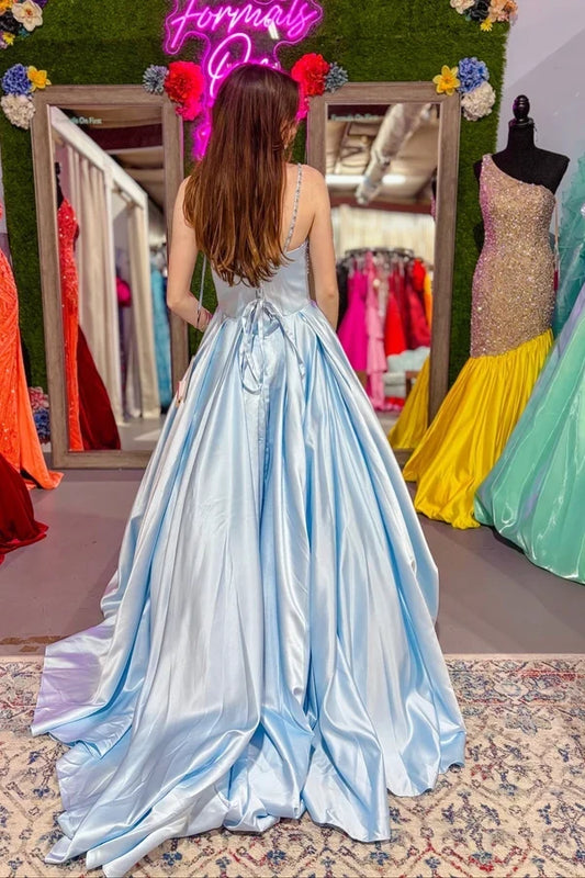 Charming A-Line Straps Sweetheart Sleeveless Beaded Bodice Satin Sky Blue Floor-Length Prom Dress
