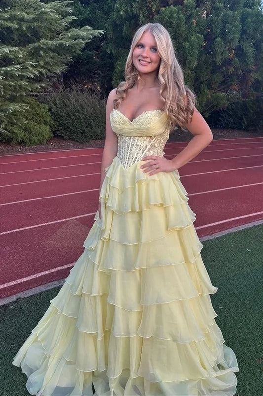 Charming A-Line Sweetheart Sleeveless Ruffled Tiered Yellow Chiffon Floor-Length Prom Dress
