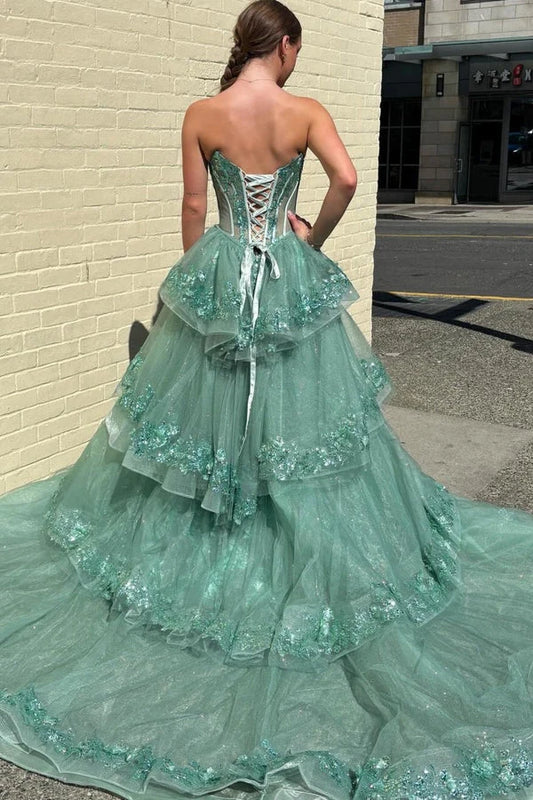 Charming A-Line Sweetheart Sleeveless Tiered Appliques Tulle Long Prom Dress