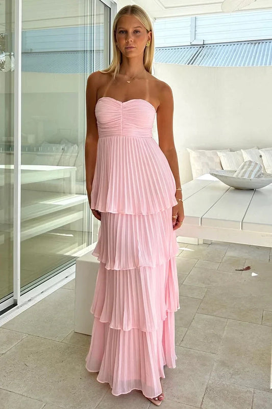 Charming A-Line Sweetheart Sleeveless Tiered Pleated Chiffon Pink Floor-Length Prom Dress