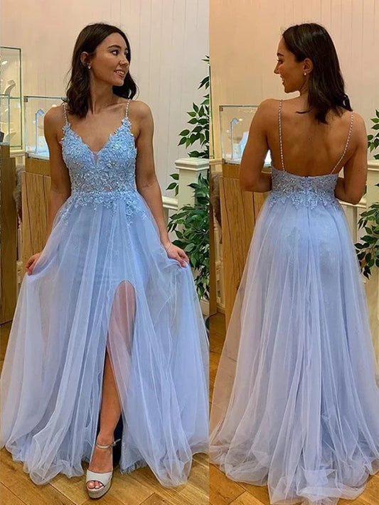 Charming A-Line V-Neck Sleeveless Beaded Straps Slit Tulle Blue Floor-Length Prom Dress with Appliques