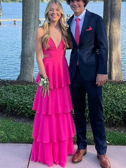 Charming A-Line V-Neck Sleeveless Tiered Ruffle Chiffon Floor-Length Prom Dress