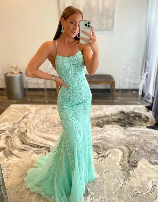 Charming Mermaid Spaghetti Straps Sleeveless Lace Applique Tulle Floor-Length Prom Dress