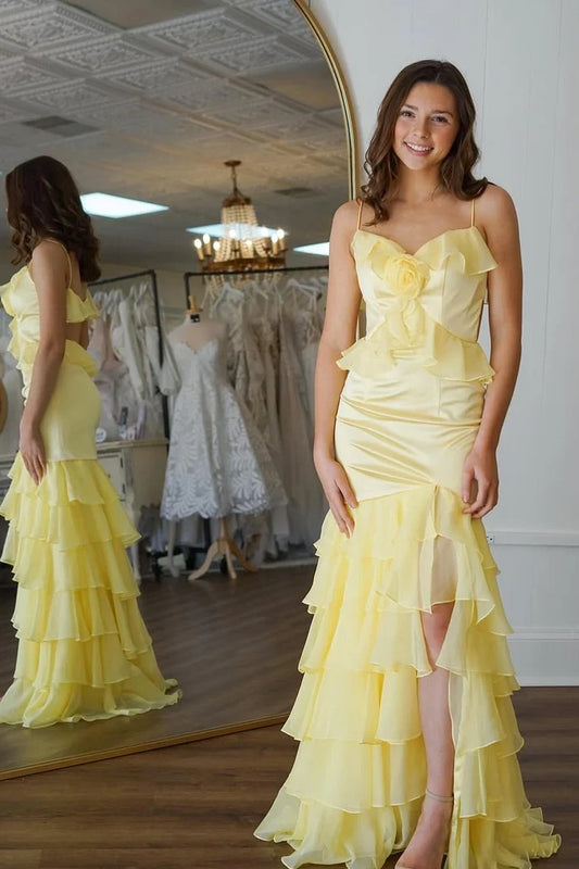 Charming Mermaid Sweetheart Sleeveless Ruffled Tiered Satin chiffon Long Prom Dress