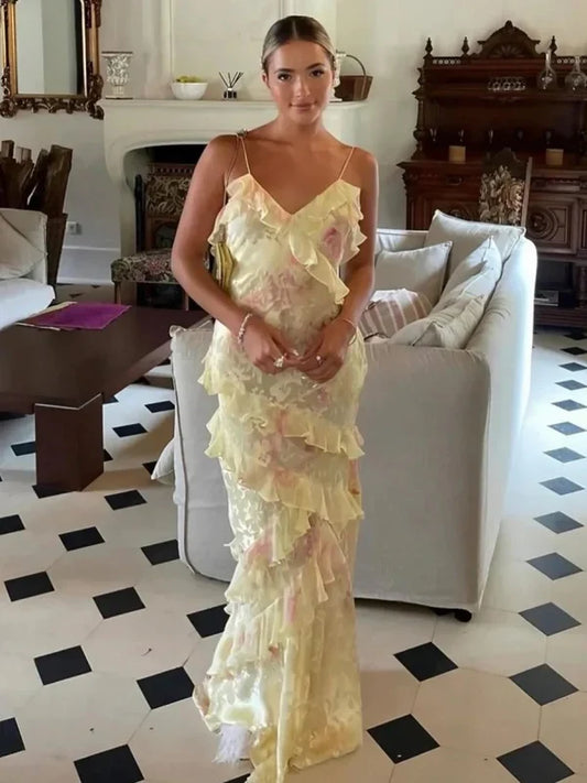 Charming Mermaid V-Neck Sleeveless Ruffled Tiered Floral Floor-Length Prom Dress