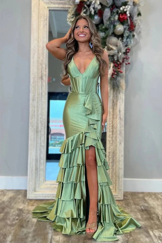 Charming Mermaid V-Neck Sleeveless Ruffled Tiered Satin Floor-Length Prom Dress with Slit