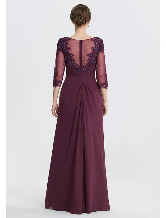 Charming Sheath Scoop 3/4 Sleeves Sequin Lace Applique Chiffon Floor-Length Mother of the Bride Dress