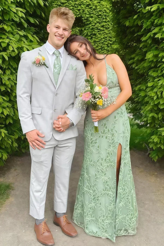 Charming Spaghetti Straps A-Line V-Neck Sleeveless Lace Floor-Length Prom Dress With Slit