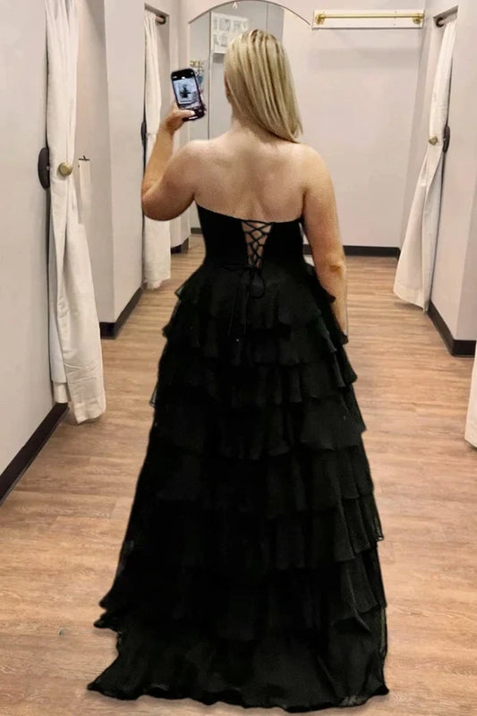 Charming Sweetheart A-Line Sleeveless Ruffled Tiered Corset Chiffon Black Floor-Length Prom Dress