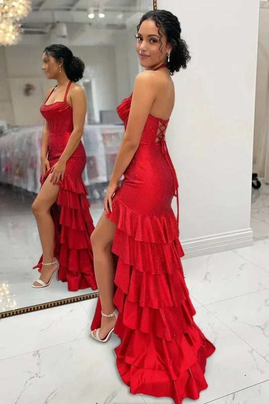 Chic Mermaid Halter Sleeveless Ruffled Beaded Red Floor-Length Prom Dress With Slit