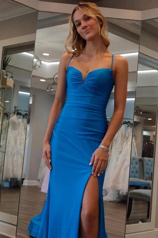 Chic Mermaid Sweetheart Sleeveless High Slit Lace-Up Royal Blue Floor-Length Evening Dress