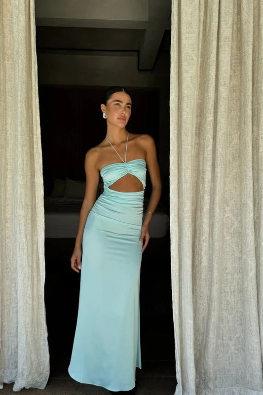 Chic Sheath Halter Sleeveless Cutout Ruched Satin Floor-Length Party Dress
