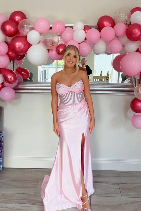 Chic Sheath Sweetheart Sleeveless Beaded Corset Satin Blushing Pink Floor-Length Prom Dress