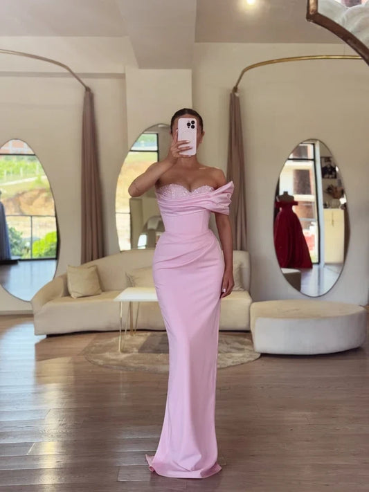 Chic Sheath Sweetheart Sleeveless Draped Satin Pink Floor-Length Evening Dress