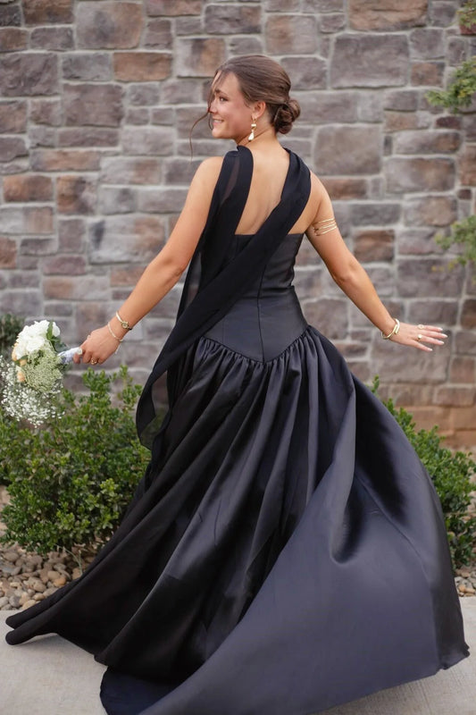 Elegant A-Line Halter Sleeveless Flowing Drape Satin Black Floor-Length Prom Dress