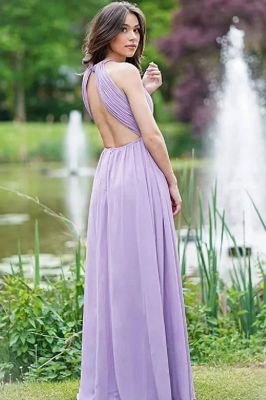 Elegant A-Line Halter Sleeveless Open Back Pleated Chiffon Floor-Length Prom Dress