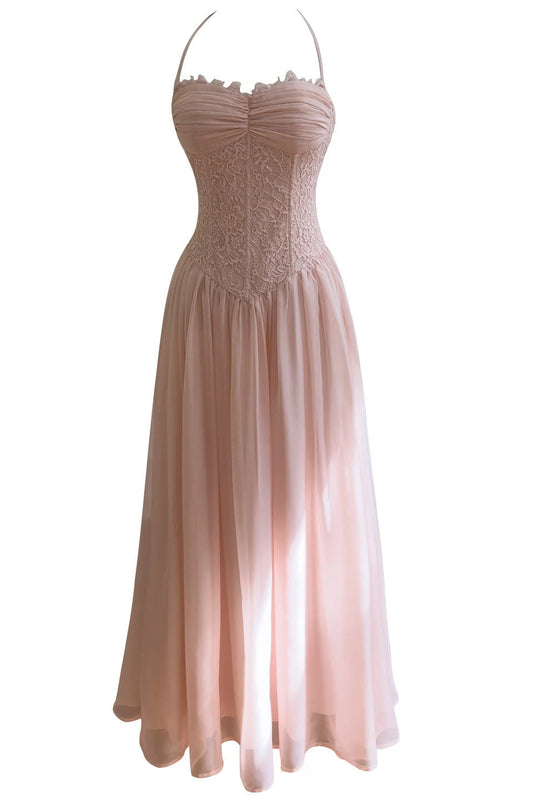 Elegant A-Line Halter Sleeveless Ruched Lace Bodice Blushing Pink Floor-Length Prom Dress