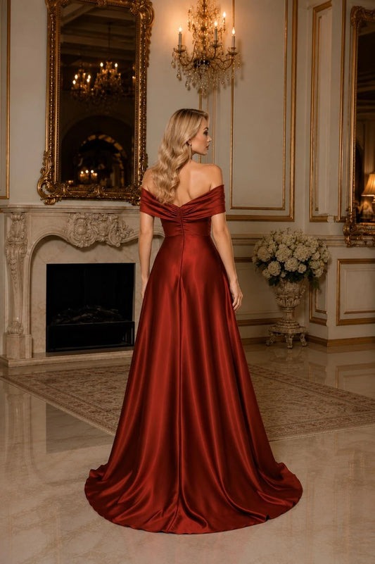 Elegant A-Line Off-the-Shoulder Sleeveless Twisted Bodice Satin Cabernet Floor-Length Evening Gown
