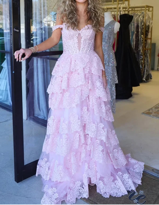 Elegant A-Line Off the Shoulder Sweetheart Tiered Lace Tulle Blushing Pink Floor-Length Prom Dress