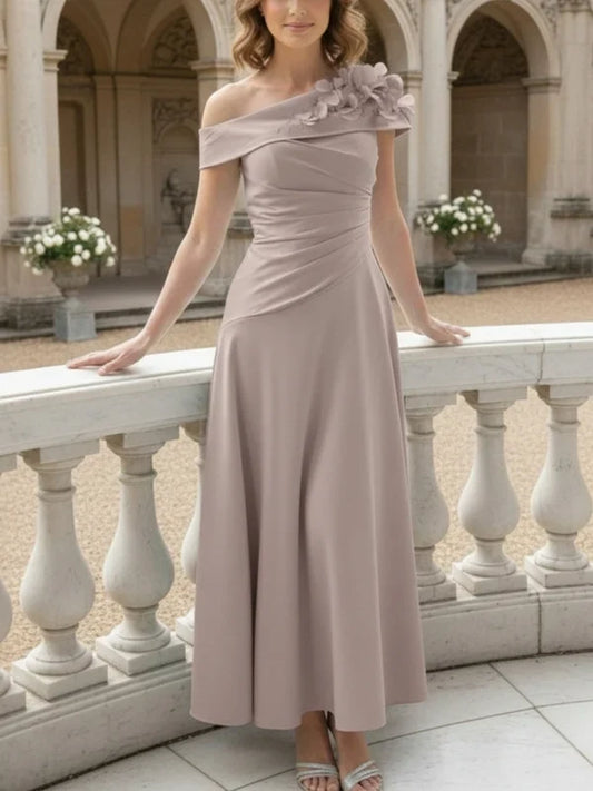 Elegant A-Line One-Shoulder Sleeveless Ruched Floral Evening Dress Chic Wedding Guest Dress