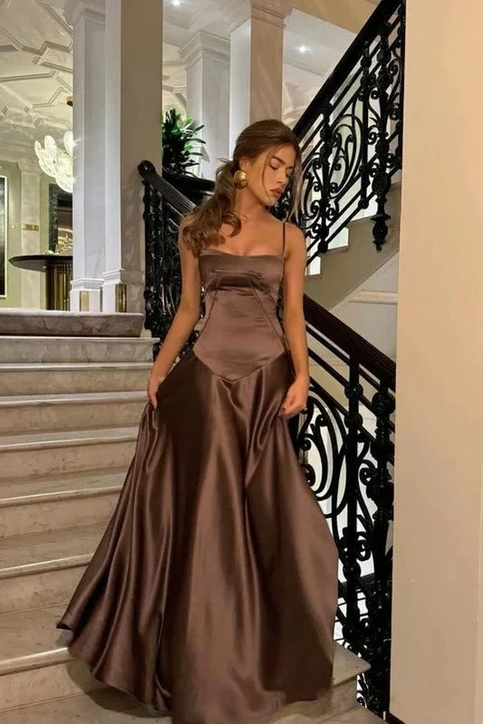 Elegant A-Line Spaghetti Straps Sleeveless Satin Chocolate Floor-Length Evening Dress