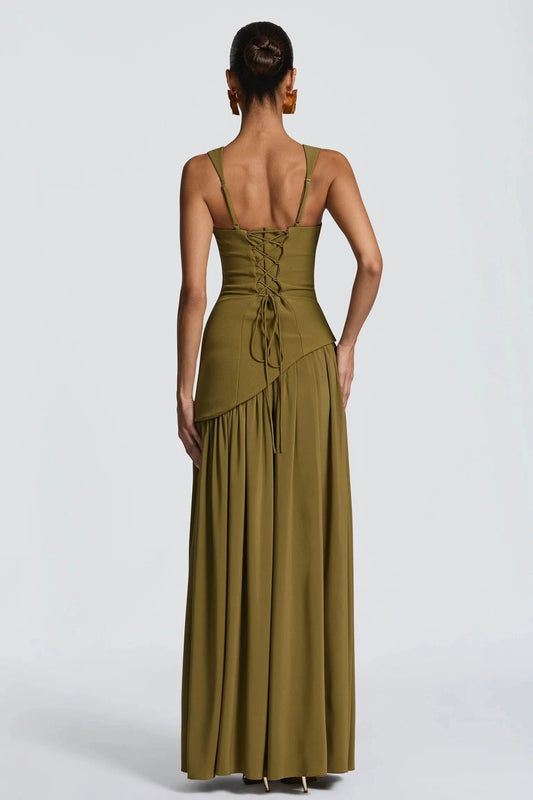 Elegant A-Line Square Sleeveless High Slit Draped Jungle Green Floor-Length Prom Dress