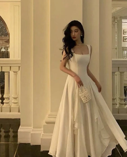 Elegant A-Line Square Sleeveless Layered Ruffle Chiffon Ivory Floor-Length Evening Dress