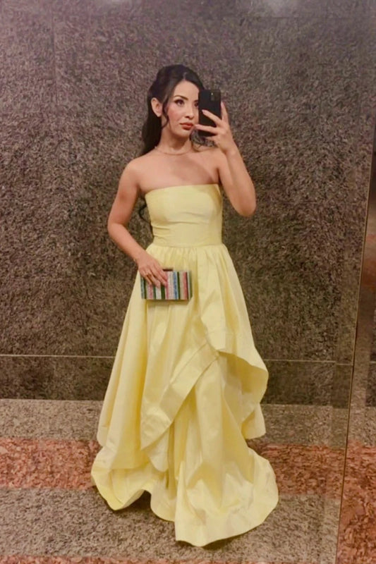 Elegant A-Line Strapless Sleeveless Cascading Ruffle Satin Lemon Floor-Length Prom Dress