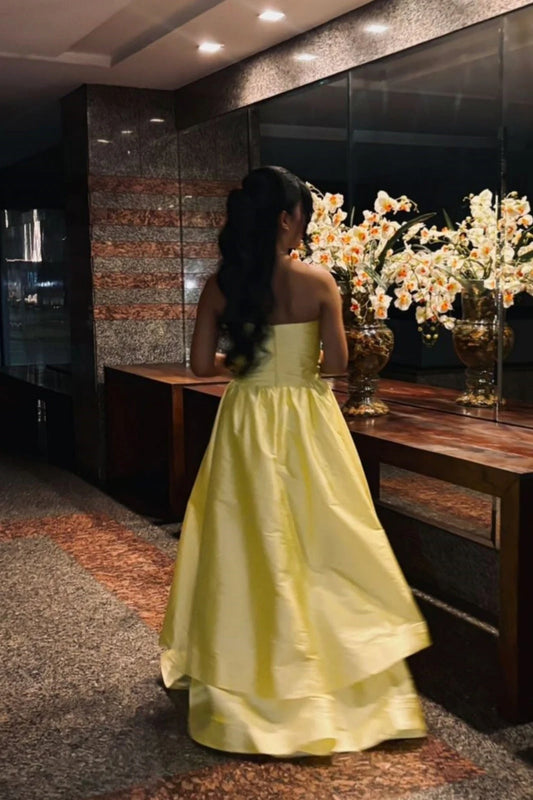 Elegant A-Line Strapless Sleeveless Cascading Ruffle Satin Lemon Floor-Length Prom Dress