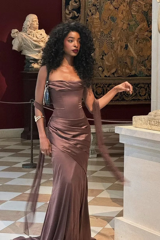 Elegant A-Line Strapless Sleeveless Draped Satin Mulberry Floor-Length Prom Dress