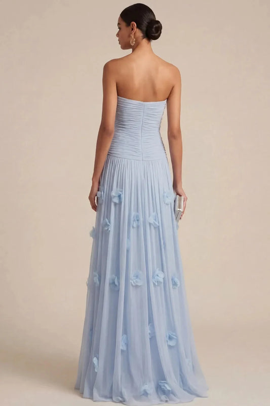 Elegant A-Line Strapless Sleeveless Floral Appliqued Ruched Chiffon Sky Blue Floor-Length Prom Dress