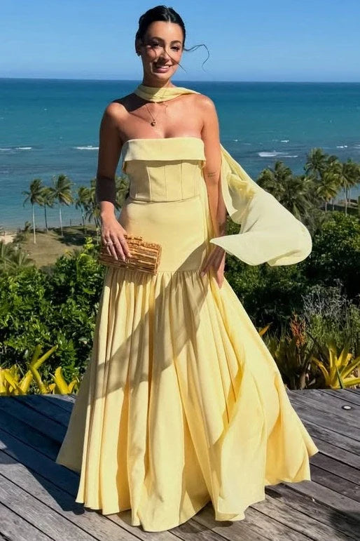 Elegant A-Line Strapless Sleeveless Flowing Scarf Detail Floor-Length Evening Dress