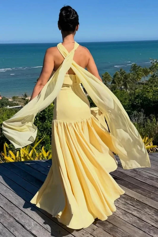 Elegant A-Line Strapless Sleeveless Flowing Scarf Detail Floor-Length Evening Dress