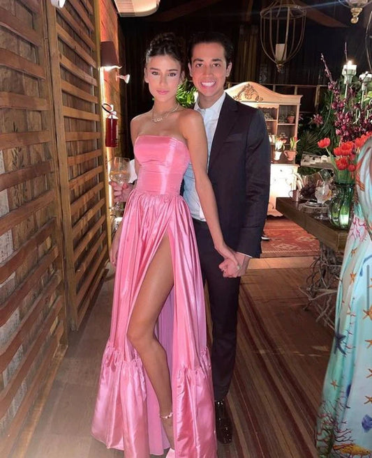 Elegant A-Line Strapless Sleeveless High Slit Ruffled Satin Pink Floor-Length Prom Dress