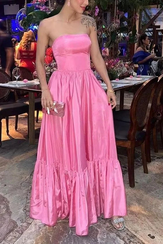 Elegant A-Line Strapless Sleeveless High Slit Ruffled Satin Pink Floor-Length Prom Dress