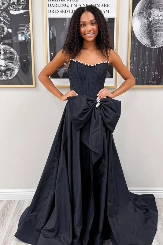 Elegant A-Line Strapless Sleeveless Pearl Trim Bow Satin Black Floor-Length Prom Dress
