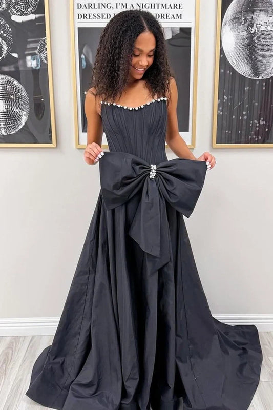 Elegant A-Line Strapless Sleeveless Pearl Trim Bow Satin Black Floor-Length Prom Dress