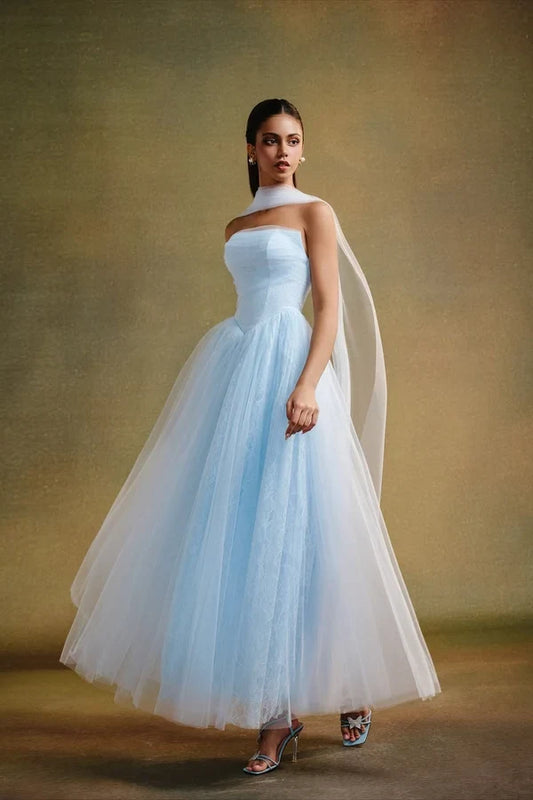 Elegant A-Line Strapless Sleeveless Pleated Tulle Sky Blue Prom Dress