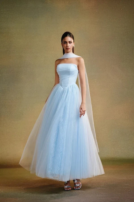 Elegant A-Line Strapless Sleeveless Pleated Tulle Sky Blue Prom Dress