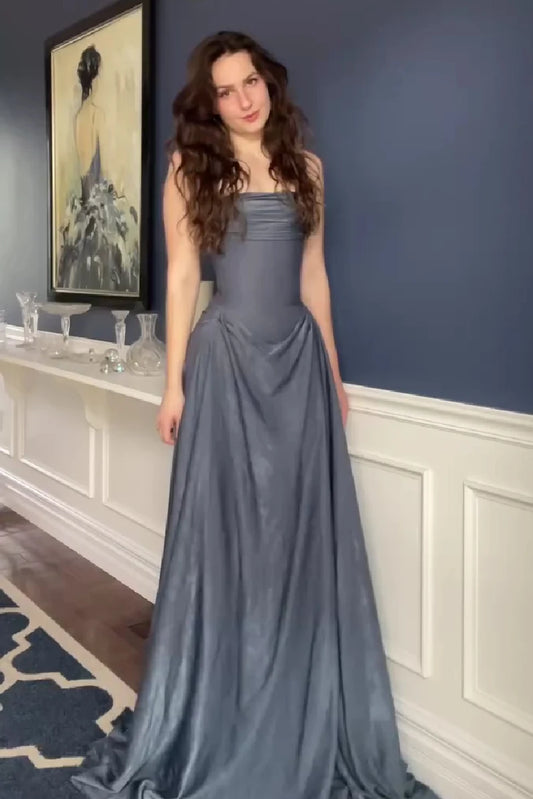 Elegant A-Line Strapless Sleeveless Ruched Bodice Satin Steel Blue Floor-Length Prom Dress