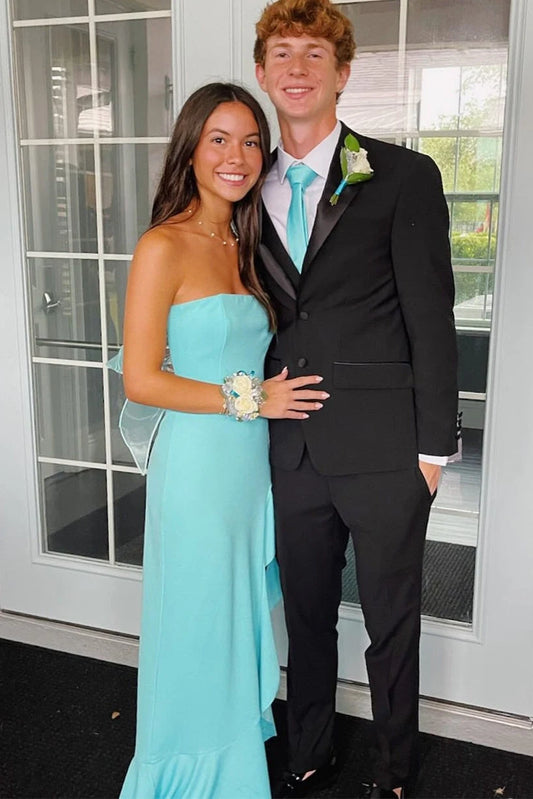 Elegant A-Line Strapless Sleeveless Ruffled Bow Back Polyester Sky Blue Floor-Length Prom Dress