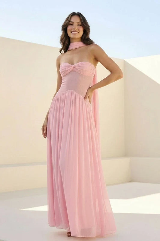 Elegant A-Line Strapless Sleeveless Twisted Bodice Chiffon Floor-Length Prom Dress