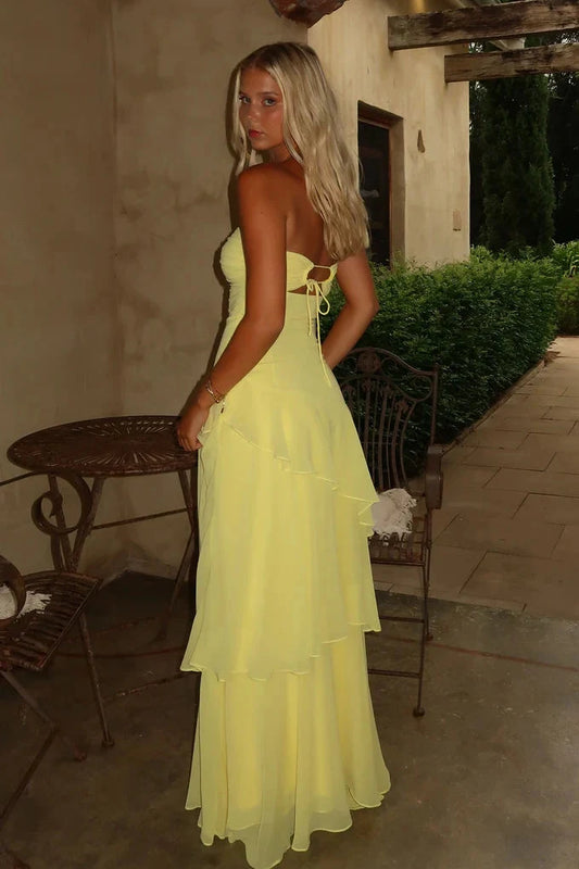 Elegant A-Line Strapless Sweetheart Sleeveless Tiered Ruffle Chiffon Floor-Length Prom Dress
