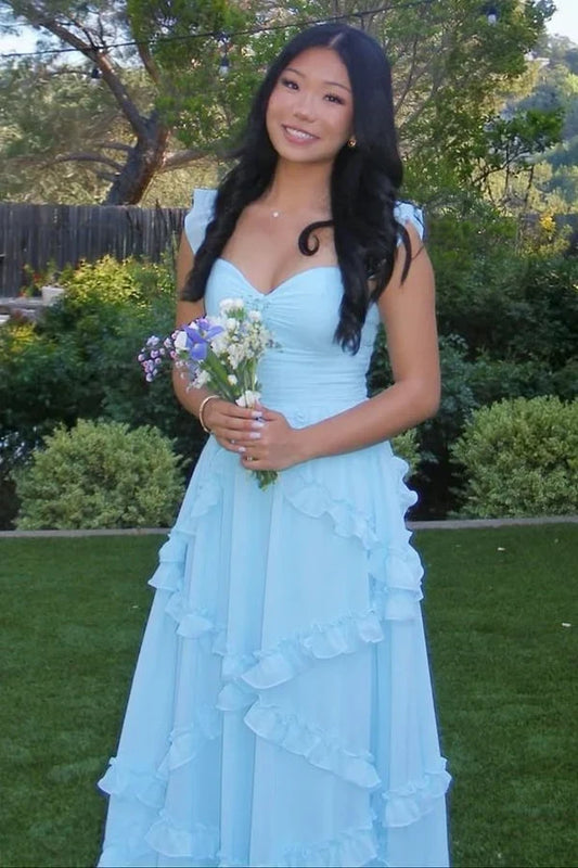 Elegant A-Line Sweetheart Cap Sleeve Ruffled Tiered Chiffon Sky Blue Floor-Length Prom Dress