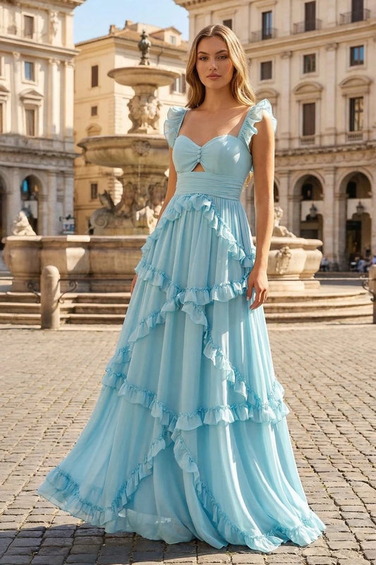 Elegant A-Line Sweetheart Flutter Sleeves Tiered Ruffle Chiffon Sky Blue Floor-Length Prom Dress