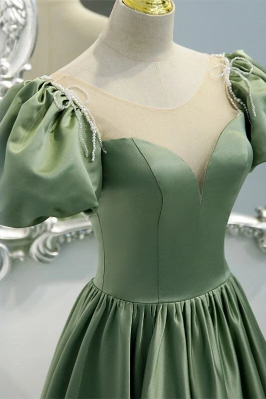 Elegant A-Line Sweetheart Puff Sleeve Pearl Embellished Satin Sage Floor-Length Prom Dress
